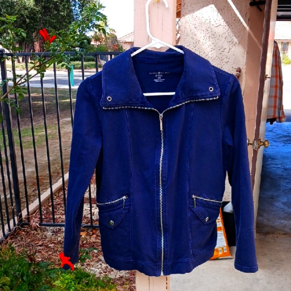 Karen Scott Blue Utility Jacket with High Collar and Textured Fabric Silver Acnt